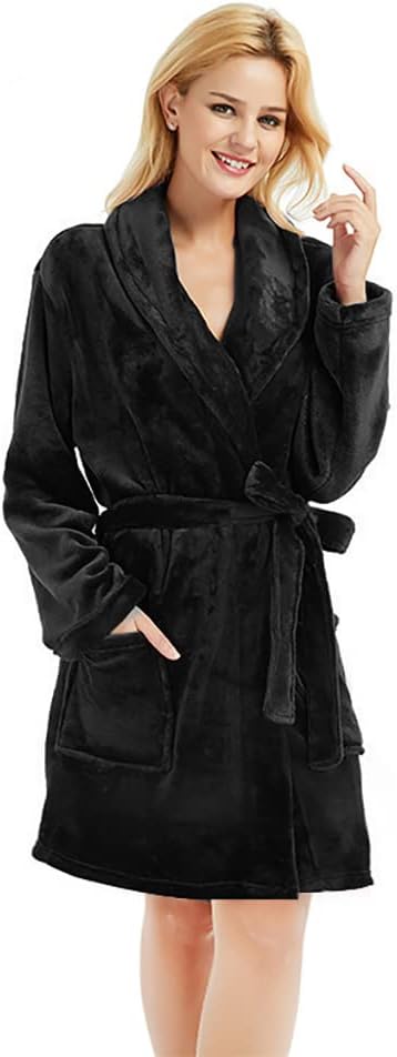 U2SKIIN Damen Bademantel kurz Schwarz S/M flauschig leicht