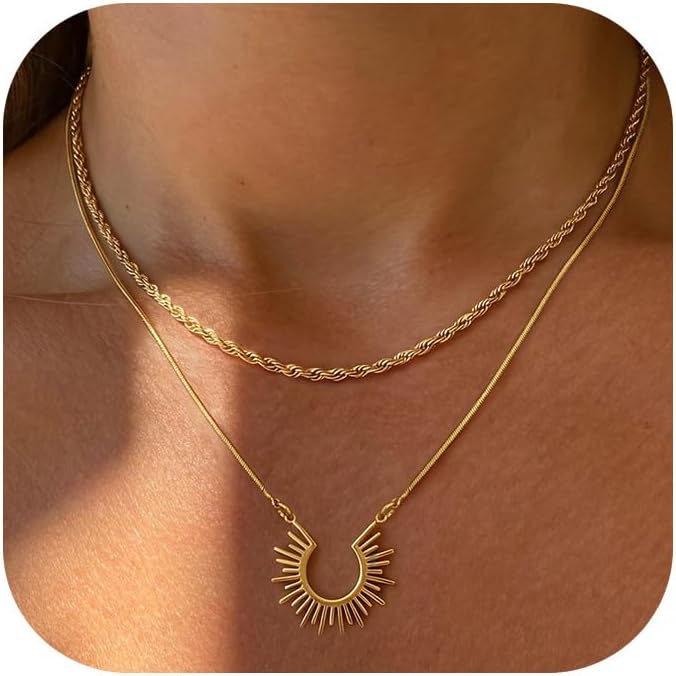 Tewiky Sonnenanhaenger Halskette Damen 14K Gold vergoldet Silber Layering