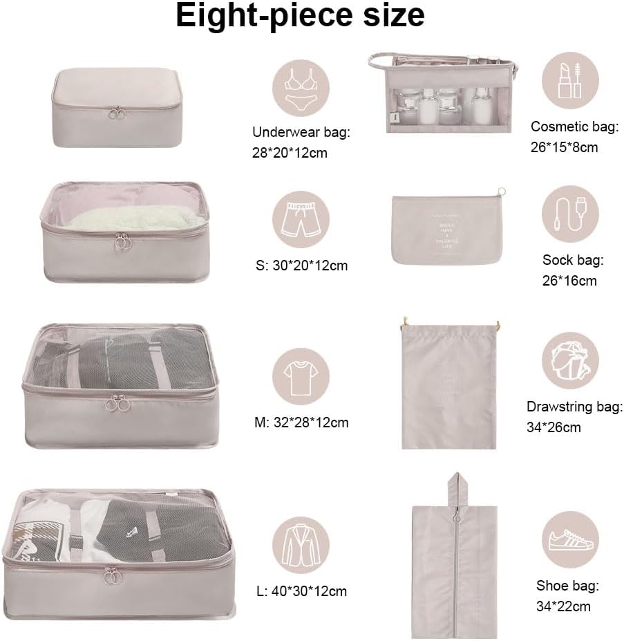 Koffer Organizer Set 8 Teile Packing Cubes Reise Packtaschen Beige