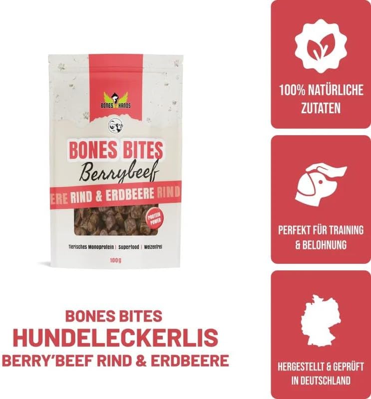 Bones Bites Berry’Beef Hundeleckerlis 80% Rind 8% Erdbeere getreidefrei