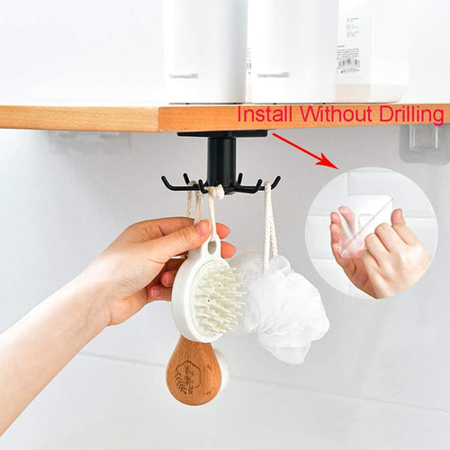 2er Set 360° drehbarer Kuechenhaken ohne Bohren, 6 Haken, schwarz