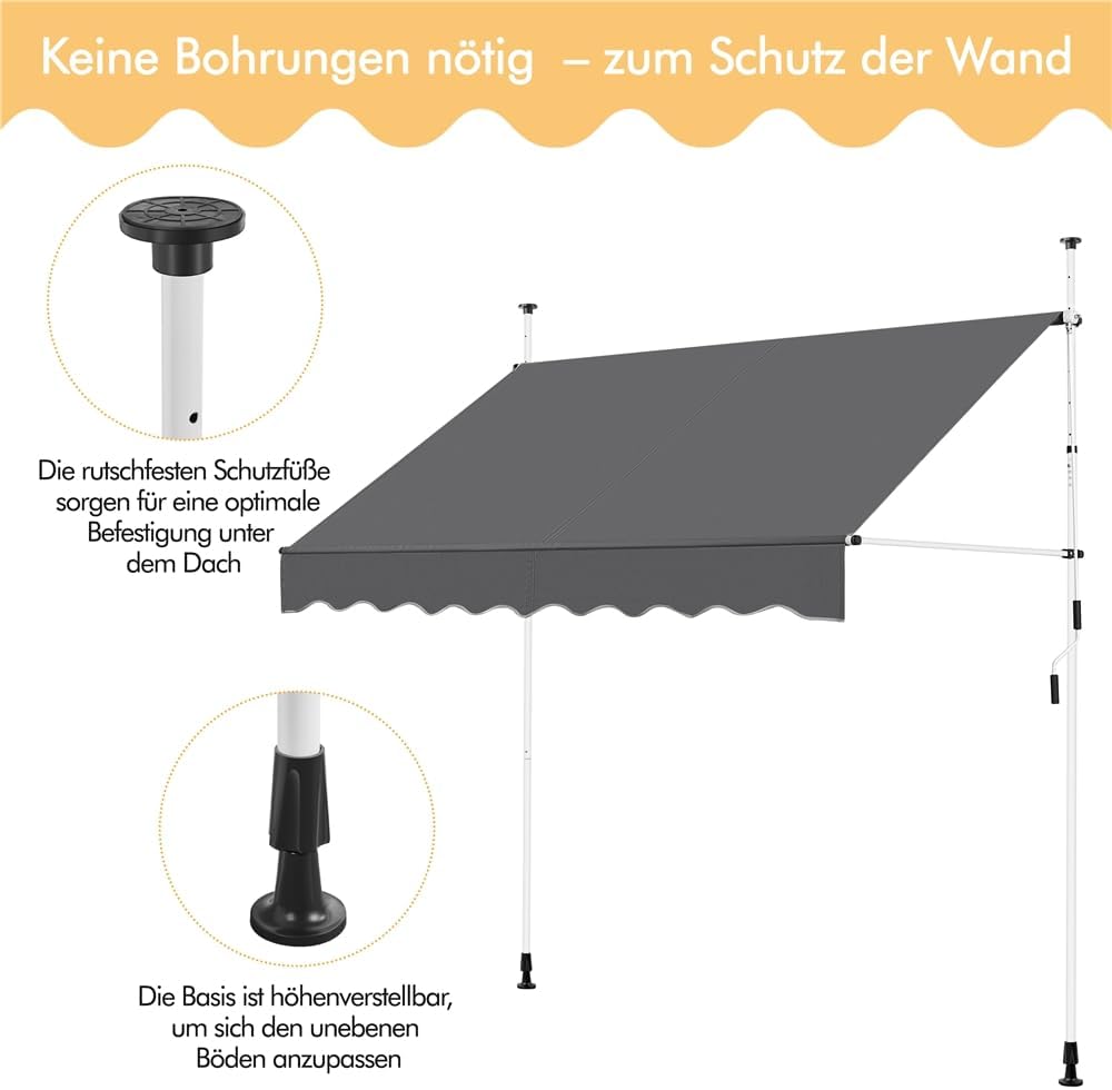 Yaheetech Klemmmarkise Balkonmarkise 300 cm Breite hoehenverstellbar 150cm-300cm