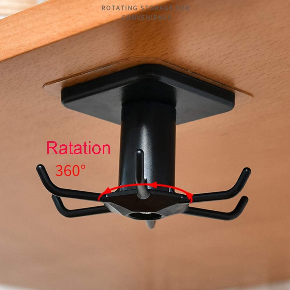 2er Set 360° drehbarer Kuechenhaken ohne Bohren, 6 Haken, schwarz