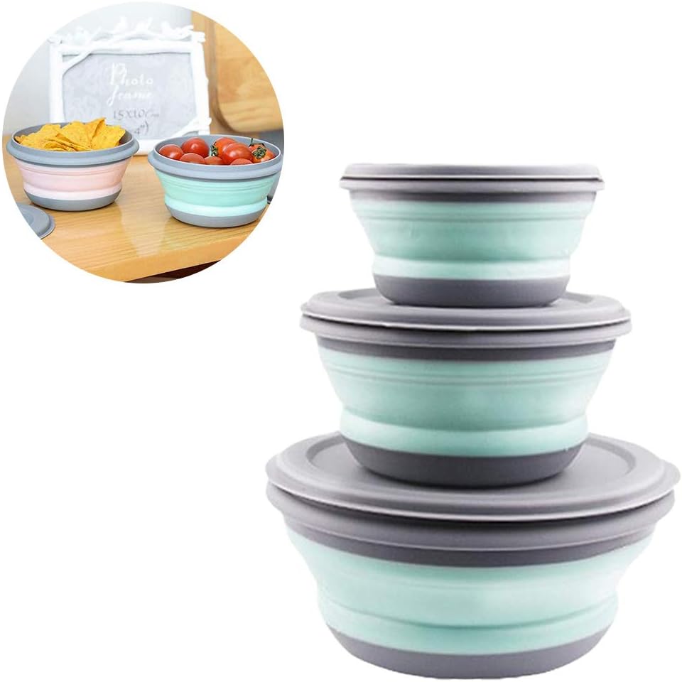 Razatik faltbare Salatschuessel mit Deckel 3er Set Camping Campinggeschirr Gruen
