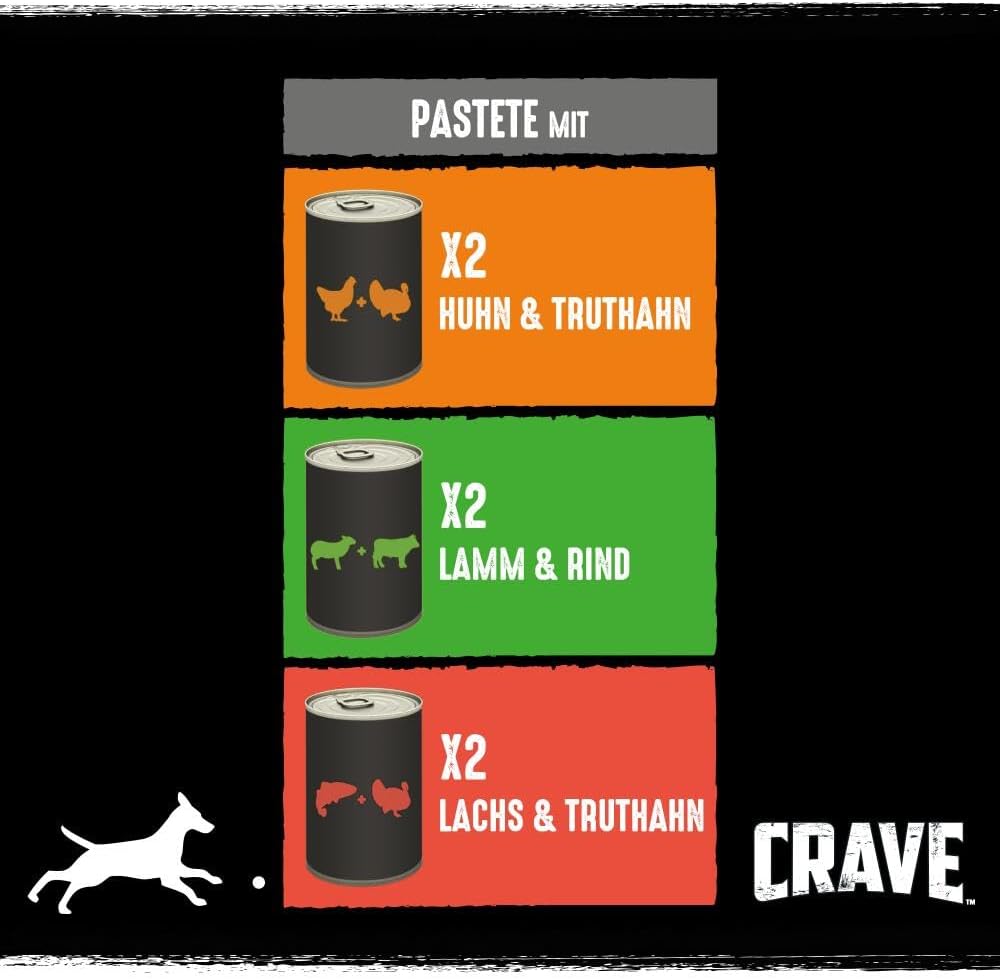 Hundefutter nass CRAVE 6x400g ohne Getreide 3 Sorten 100% natürliches Protein