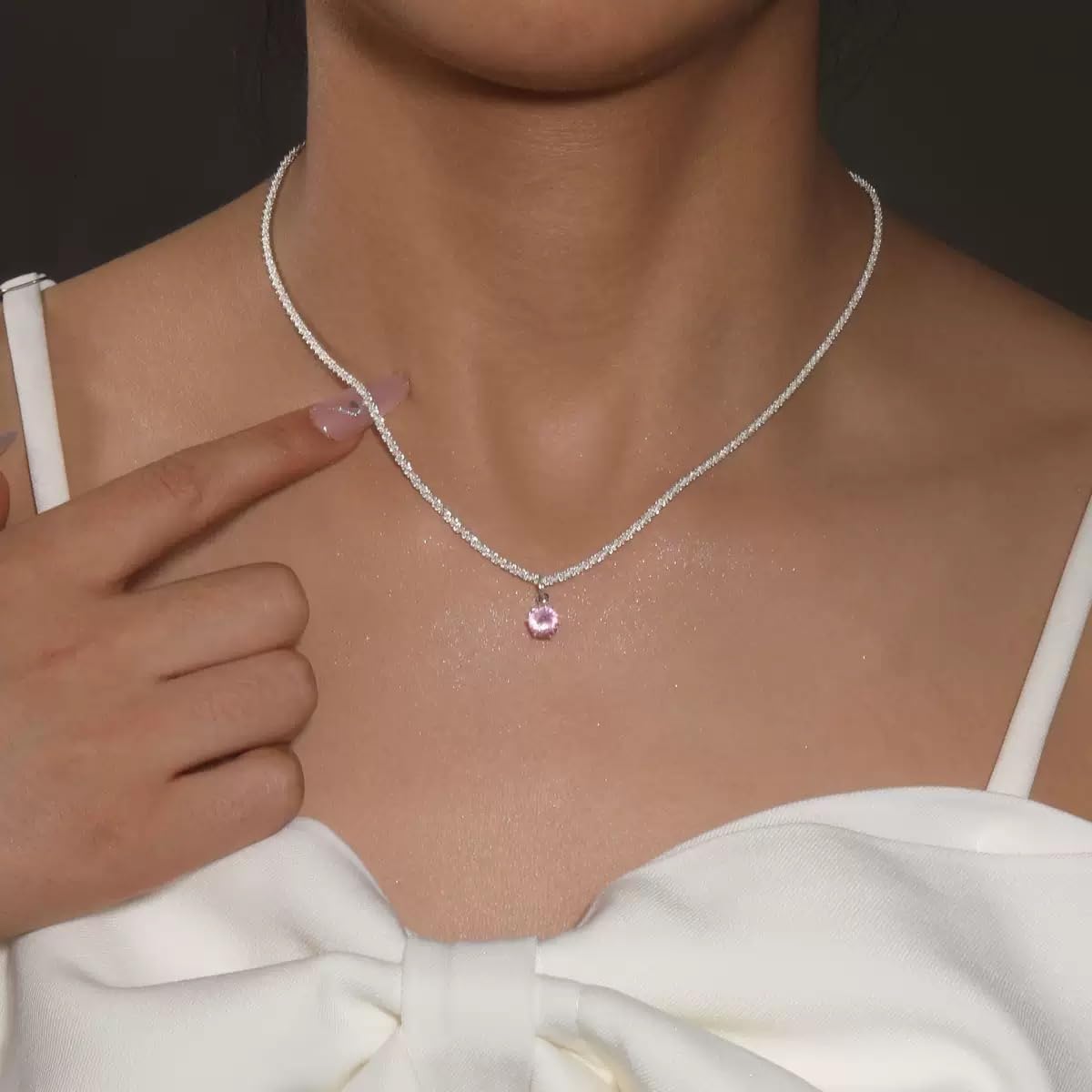 Silberkette 925 Damen mit Kristallanhaenger Rosa/Weiss/Gruen personalisiert