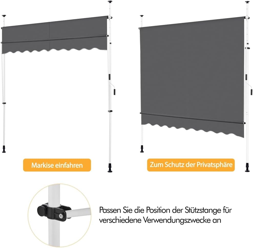 Yaheetech Klemmmarkise Balkonmarkise 300 cm Breite hoehenverstellbar 150cm-300cm