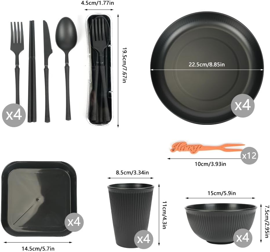 Campinggeschirr Set 49-teilig fuer 4 Personen leicht stapelbar mit Tasche