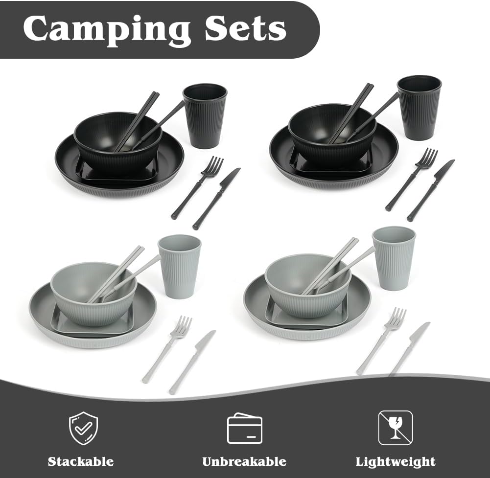 Campinggeschirr Set 49-teilig fuer 4 Personen leicht stapelbar mit Tasche