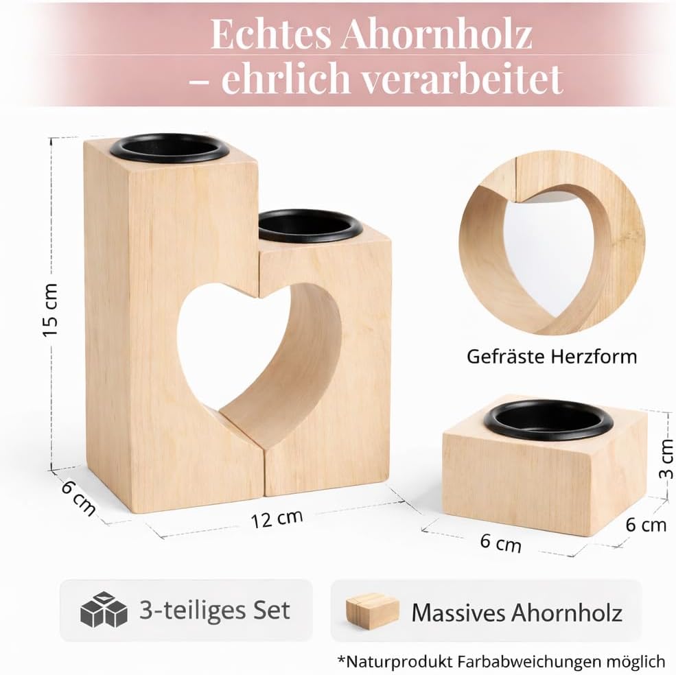 Teelichthalter Herz 3er Set aus Akazienholz 15 cm Valentinstag Geschenk