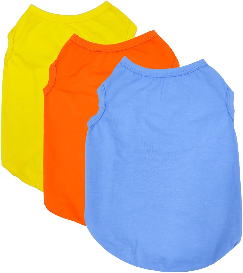 3er Hunde-Shirt Set Baumwolle aermellos Sommer T-Shirt Orange Gelb Hellblau L