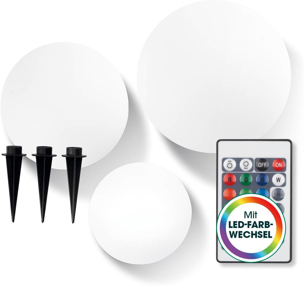 EASYmaxx Solar LED Kugelleuchte 3er-Set 12 Farben 5 Modi dimmbar 20cm-40cm