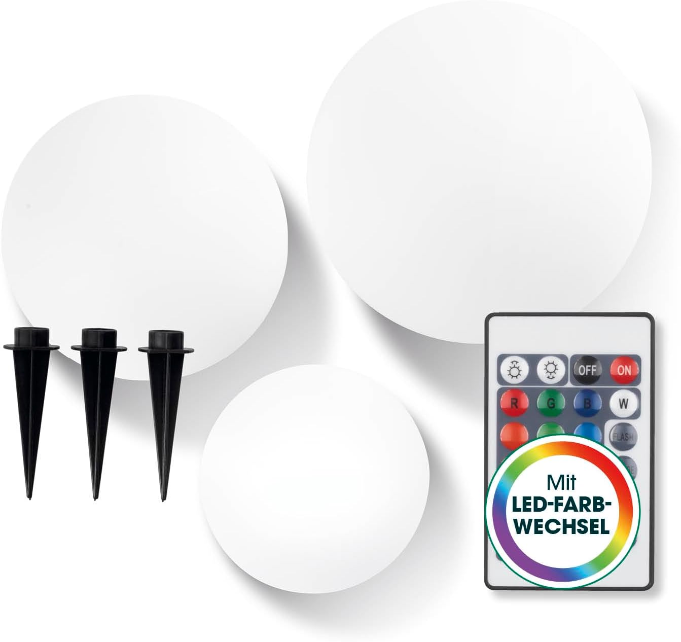 EASYmaxx Solar LED Kugelleuchte 3er-Set 12 Farben 5 Modi dimmbar 20cm-40cm