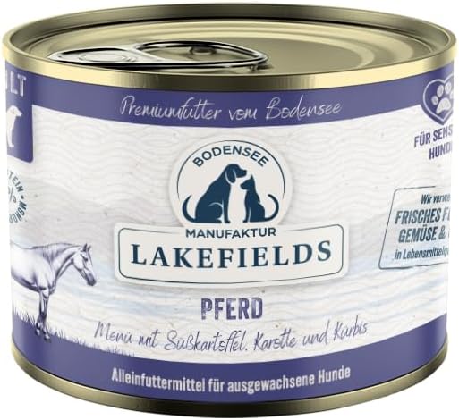 Lakefields Hundefutter Nass Pferd 6x200g getreidefrei mit Suesskartoffel Karotte K