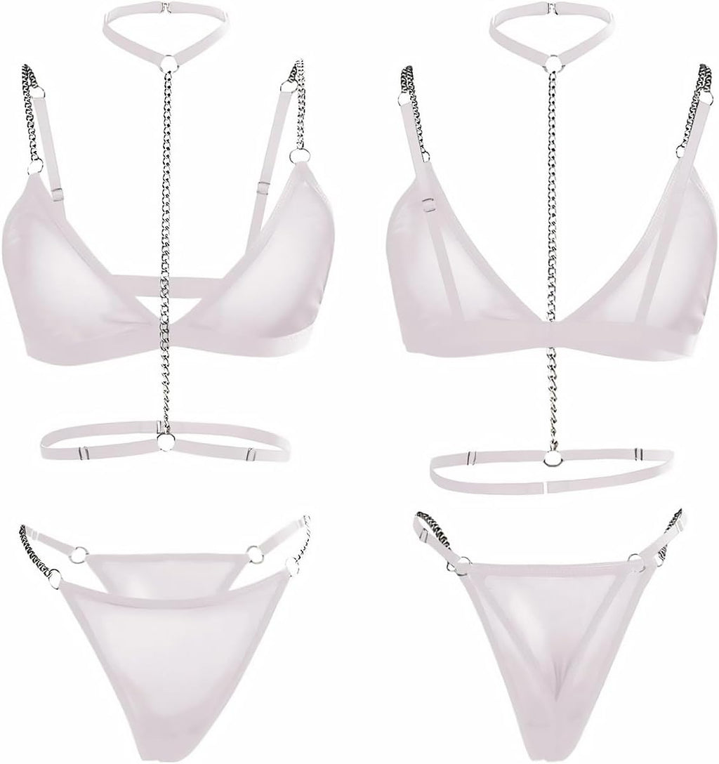 Damen Dessous BH mit Kettentraegern Slip mit Kettenakzent Set S-XL