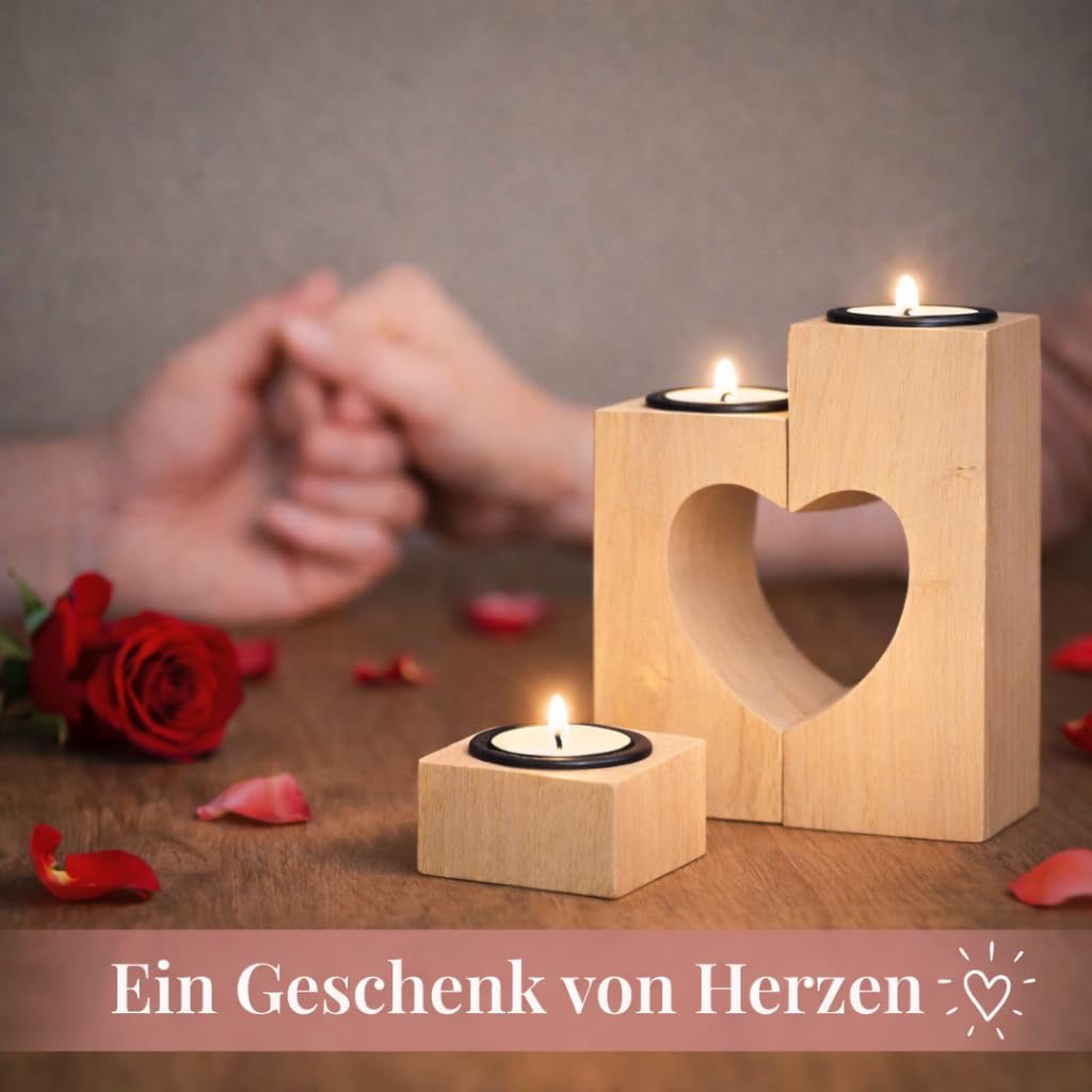 Teelichthalter Herz 3er Set aus Akazienholz 15 cm Valentinstag Geschenk