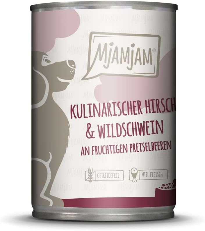 MjAMjAM Nassfutter Hund Hirsch & Wildschwein mit Preiselbeeren 6x400g getreidefr