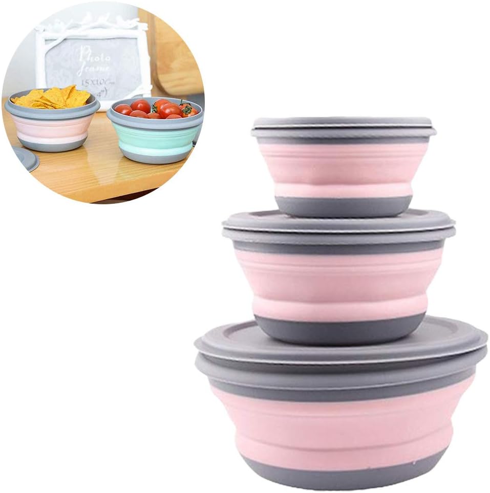 Razatik faltbare Salatschuessel mit Deckel 3er Set Camping Campinggeschirr Gruen