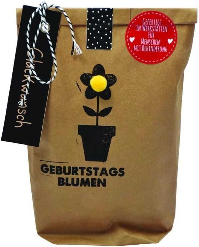 WUN0212 Geburtstags-Blumentasche braun eimerfoermig mit Blumen­saat Geschenk