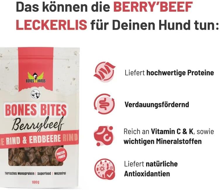 Bones Bites Berry’Beef Hundeleckerlis 80% Rind 8% Erdbeere getreidefrei