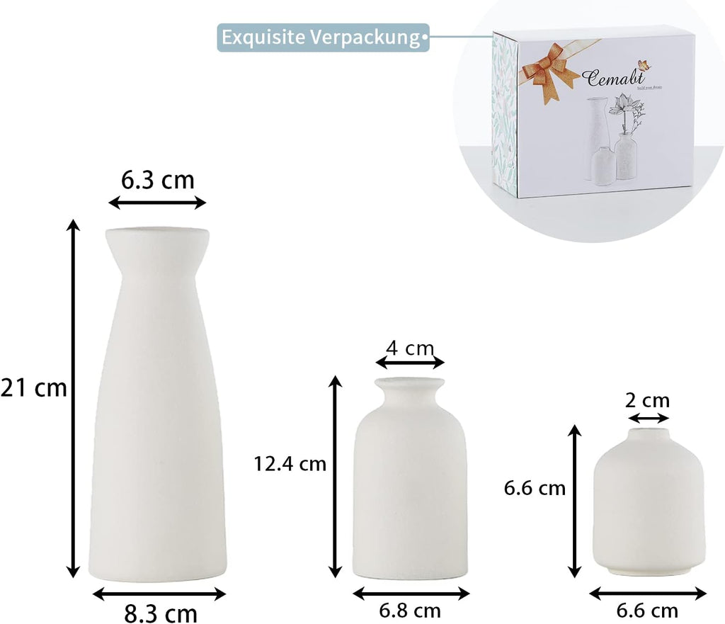 CEMABT Keramik Vasen 3er Set kleine Blumenvasen Deko Pampas Natur
