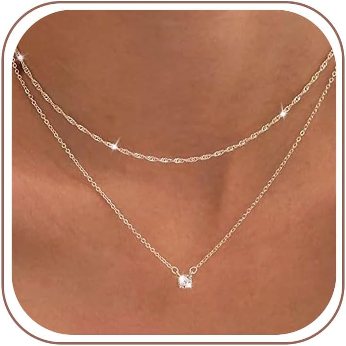 Tewiky Damen Layering Kette 14K Gold vergoldet Silber 925 Choker mit Zirkonia