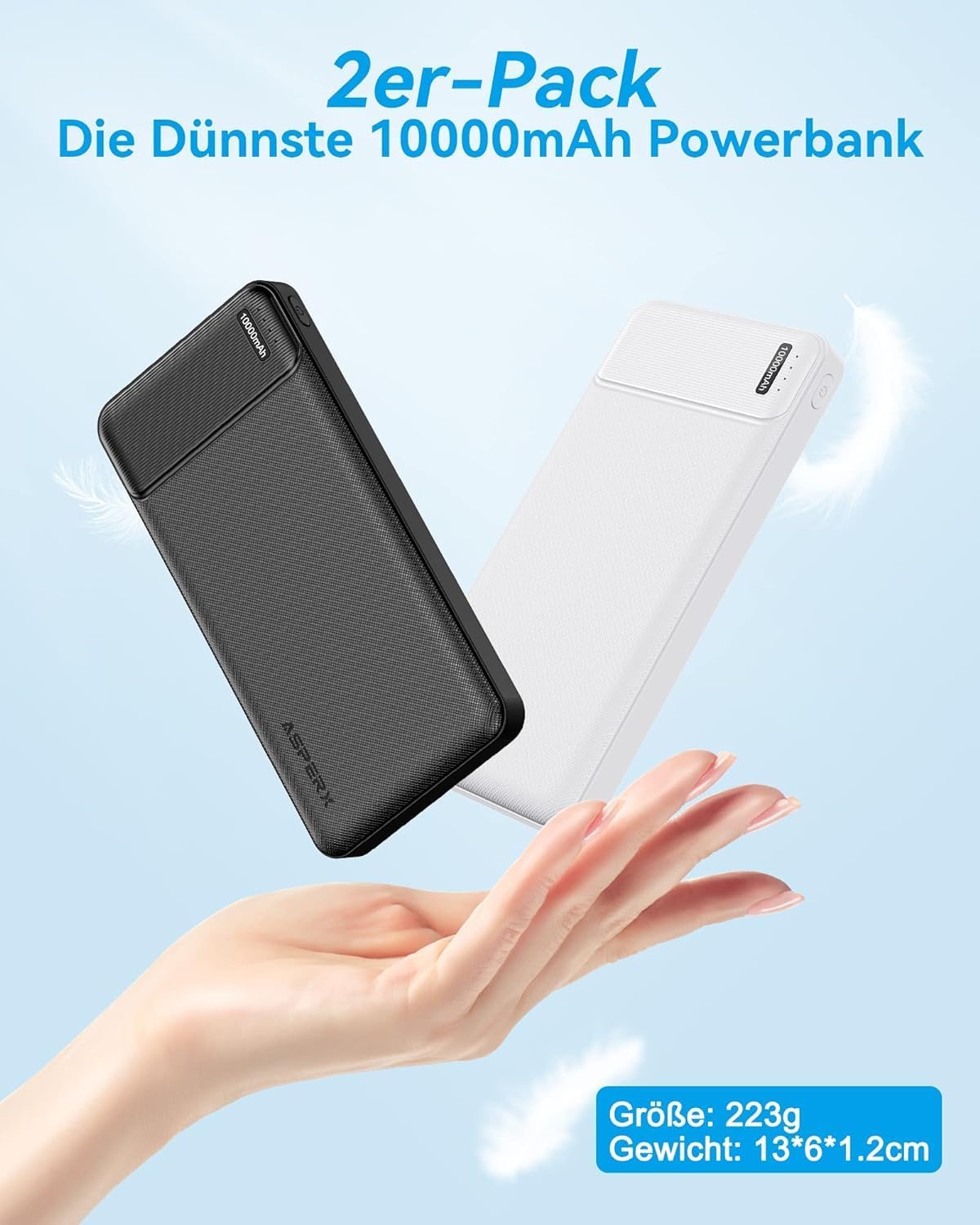 AsperX Power Bank 10000 mAh Dual Pack 4 Ports USB‑C Eingang Ausgang fuer iPhone i