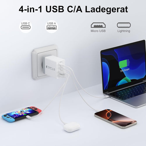 45W USB C Ladegeraet 4 Port Schnellladegeraet mit USB A und USB C