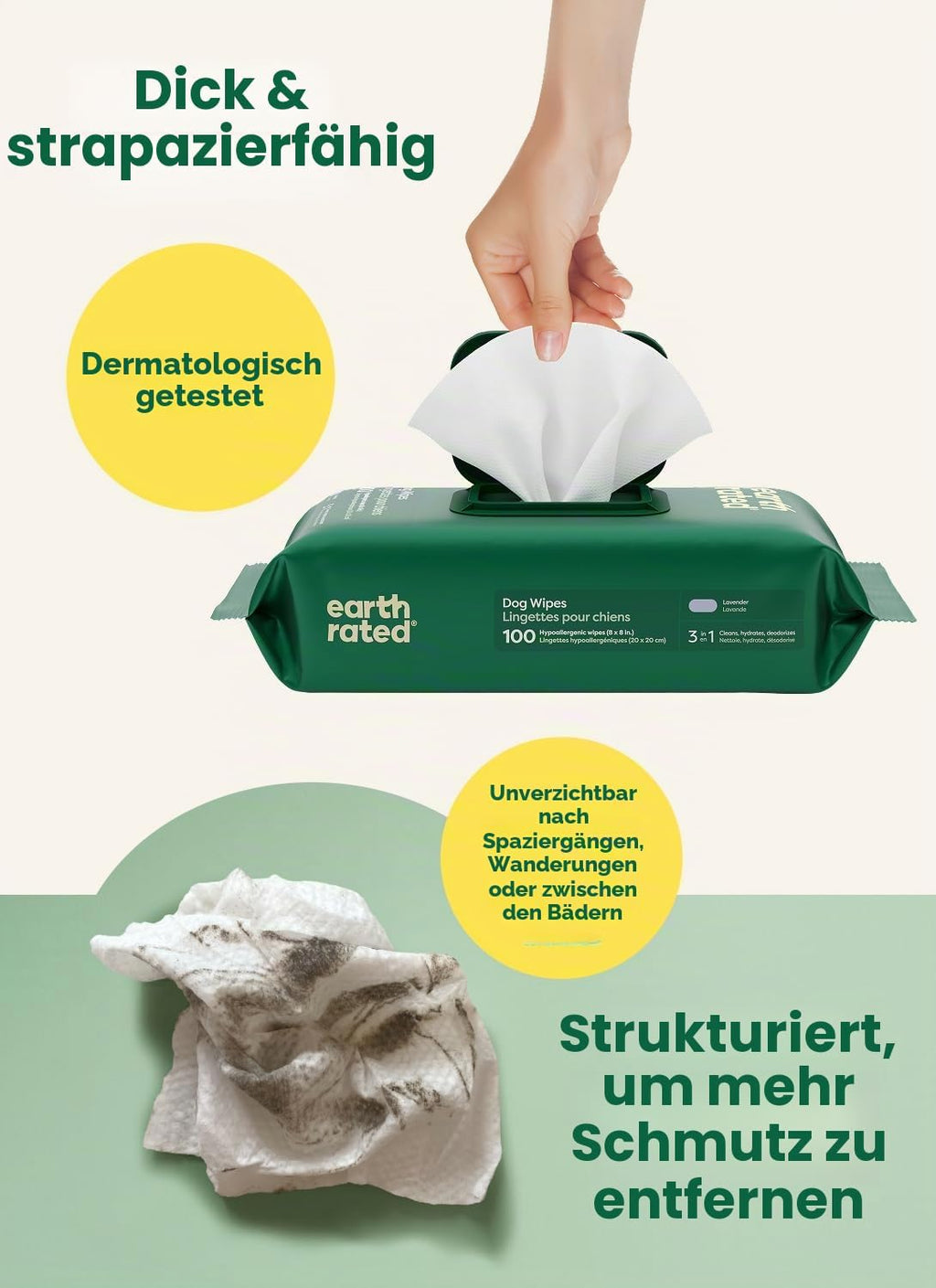Earth Rated Hunde Feuchttuecher Lavendel 100 Stueck pflanzliche Pflegetuecher