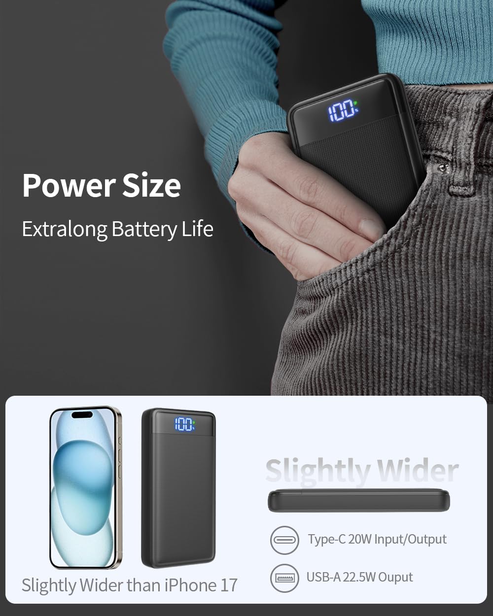 Powerbank 26800 mAh 22,5W USB‑C PD3.0 QC4.0 Schnellladegeraet mit LED-Anzeige kom