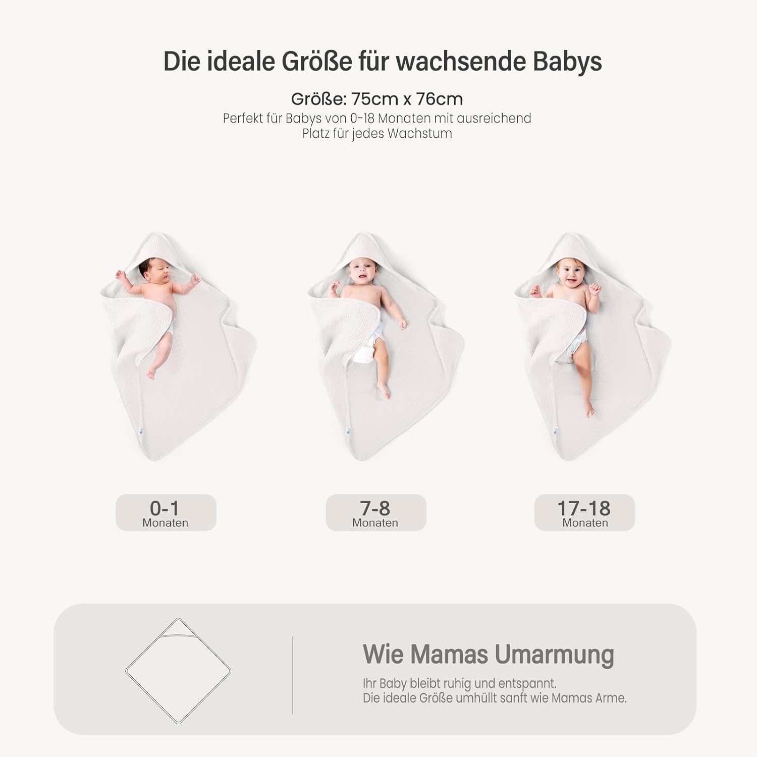 Baby Kapuzenhandtuch Musselin Baumwolle 75 x 76 cm Oeko‑Tex