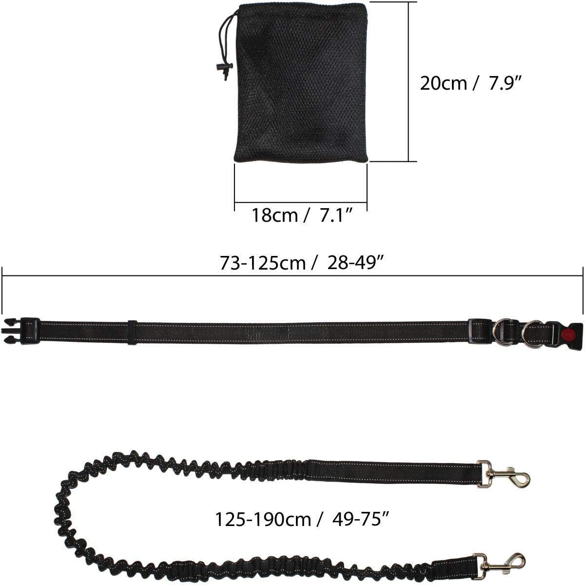 Hundeleine Freihand mit Hüftgurt Bungee Leine mit Tasche Schwarz