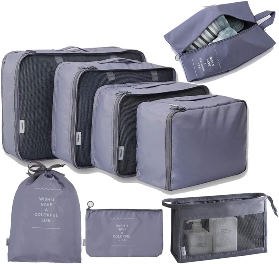 Reise Packwuerfel Set 8-teilig faltbar Gepaeck Organizer Aufbewahrung Beige