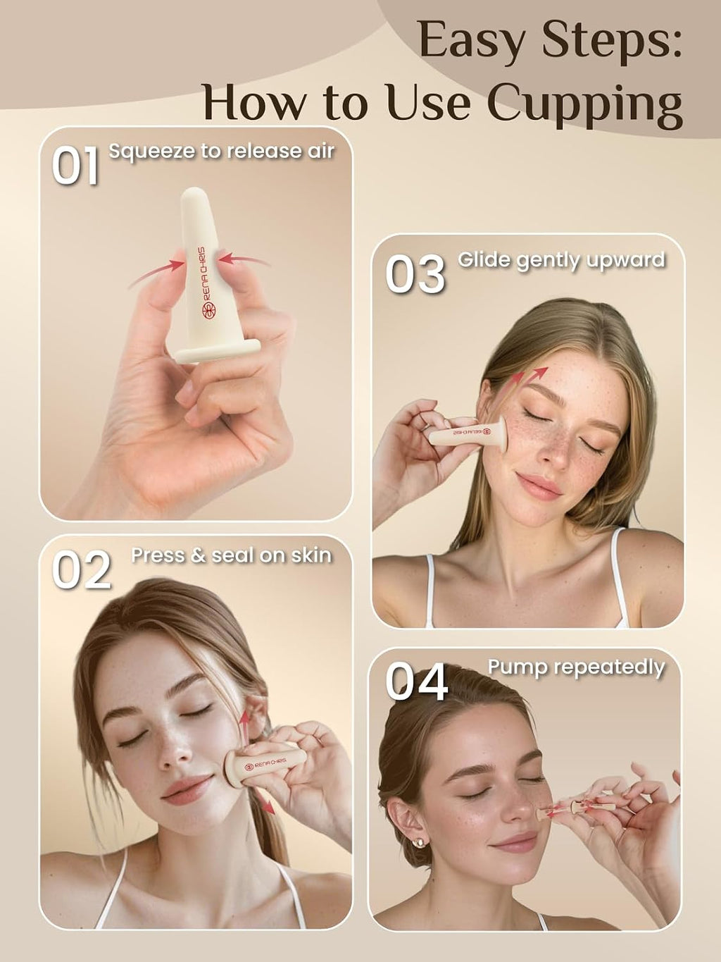 Rena Chris Gesichts-Schroepfset Gua Sha Rosenquarz Silikon Gesichtspflege Rosa