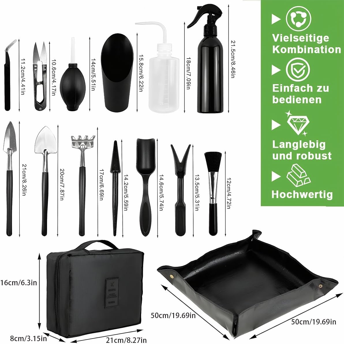 Bonsai Werkzeug Set 15-tlg. mit Umtopfmatte & Tasche, Gartenwerkzeug Schwarz