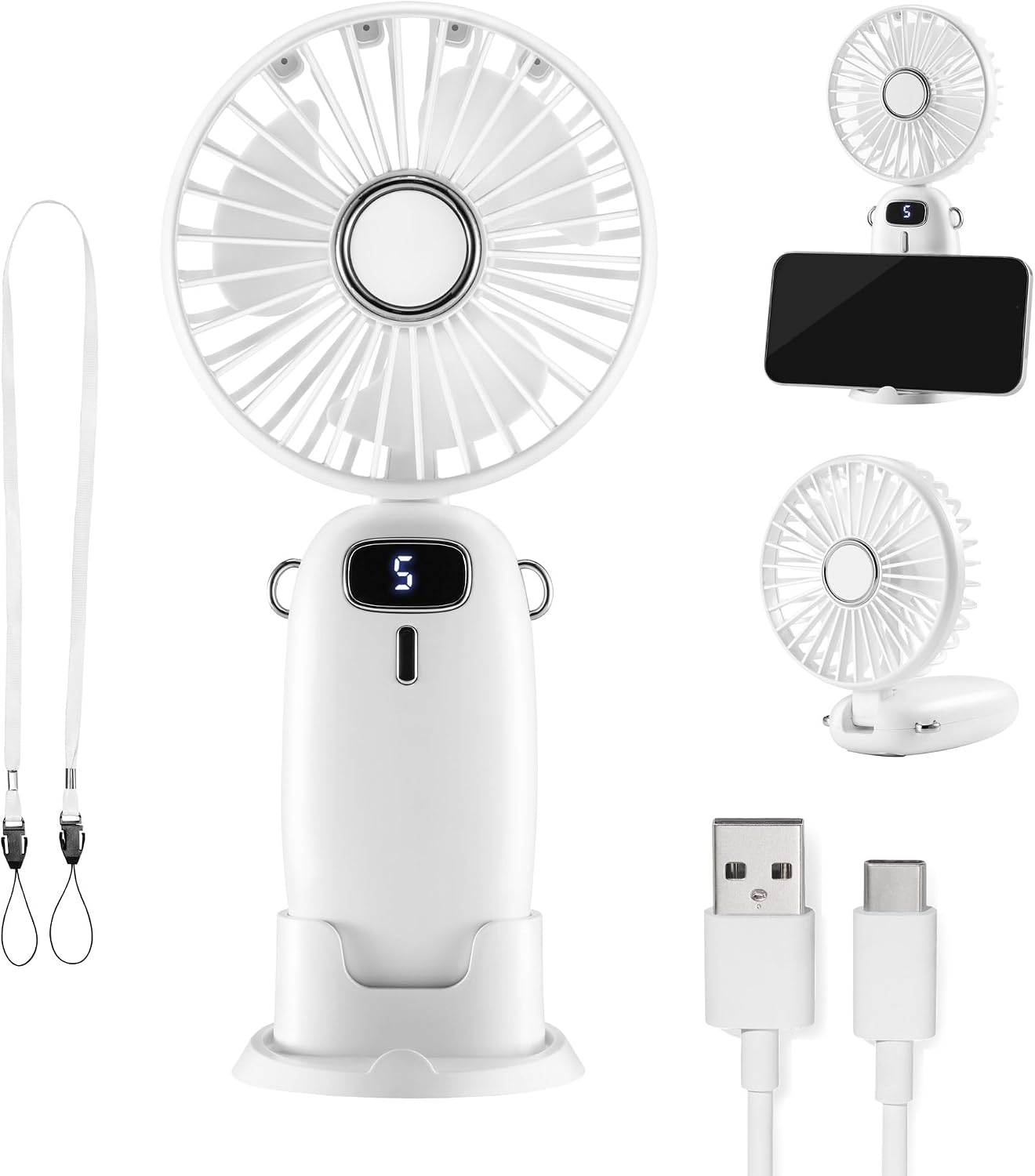 VonHaus Mini USB Ventilator 5 Stufen 90° faltbar mit 60 cm Band Weiss
