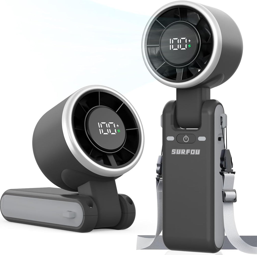 SURFOU Handventilator 4000 mAh Akku, 5 Stufen, faltbar, USB, LED-Anzeige, Schwar