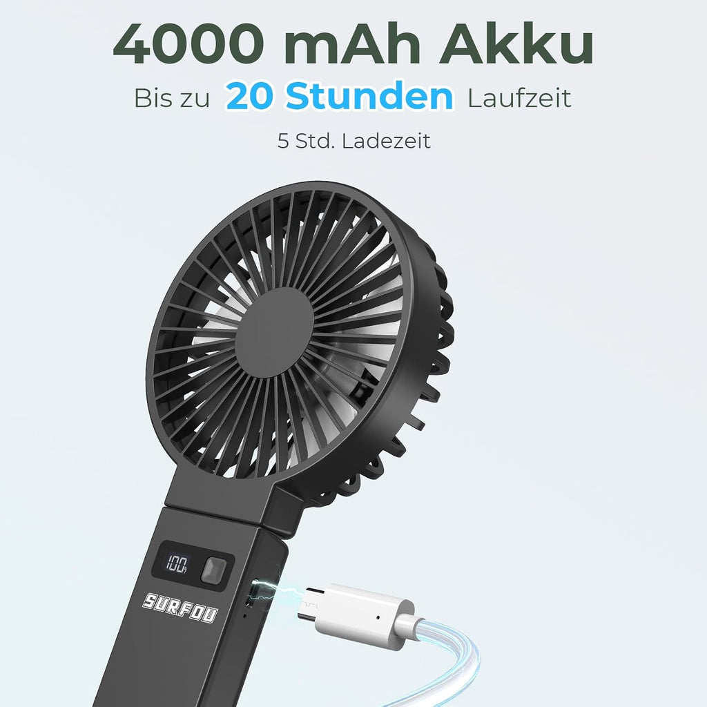 SURFOU Handventilator 4000mAh Akku USB-C wiederaufladbar 4 Geschwindigkeiten lei