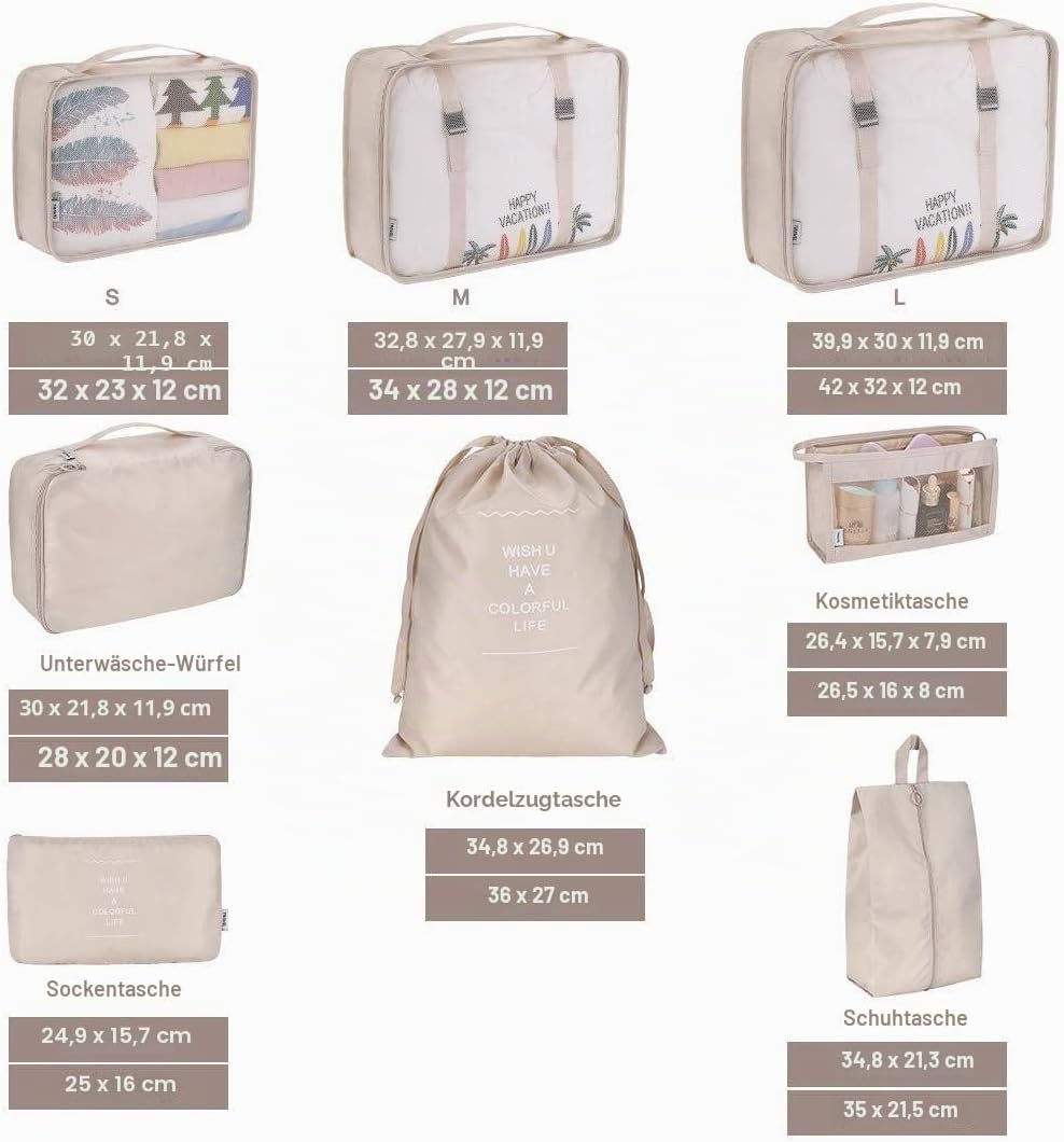 Reise Packwuerfel Set 8-teilig faltbar Gepaeck Organizer Aufbewahrung Beige