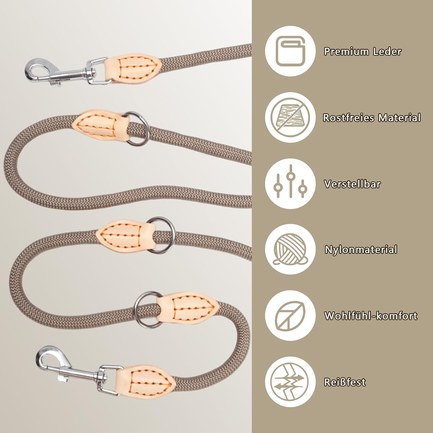 Multifunktions Hundeleine 2,1 m Nylon Beige mit 2 Karabinern fuer 2 Hunde