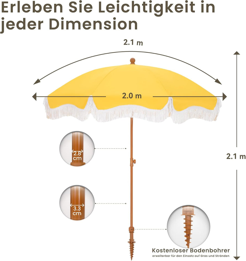 PHI VILLA Sonnenschirm Balkon 200 cm knickbar rund mit Fransen, UPF 50+