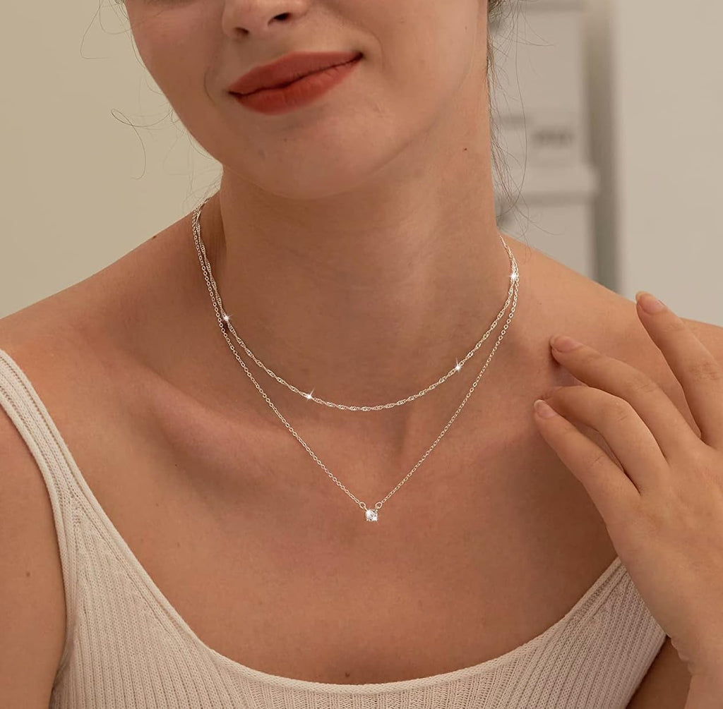 Tewiky Damen Layering Kette 14K Gold vergoldet Silber 925 Choker mit Zirkonia