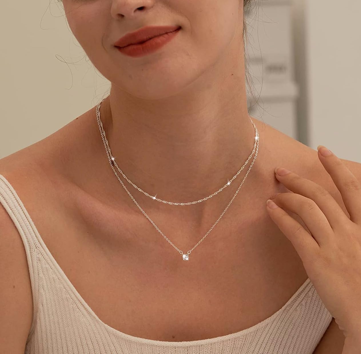 Tewiky Damen Layering Kette 14K Gold vergoldet Silber 925 Choker mit Zirkonia