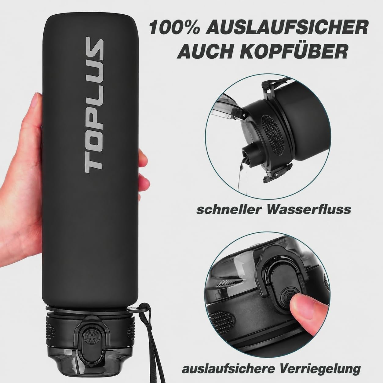 TOPLUS Sport-Trinkflasche BPA-frei leicht stossfest schwarz