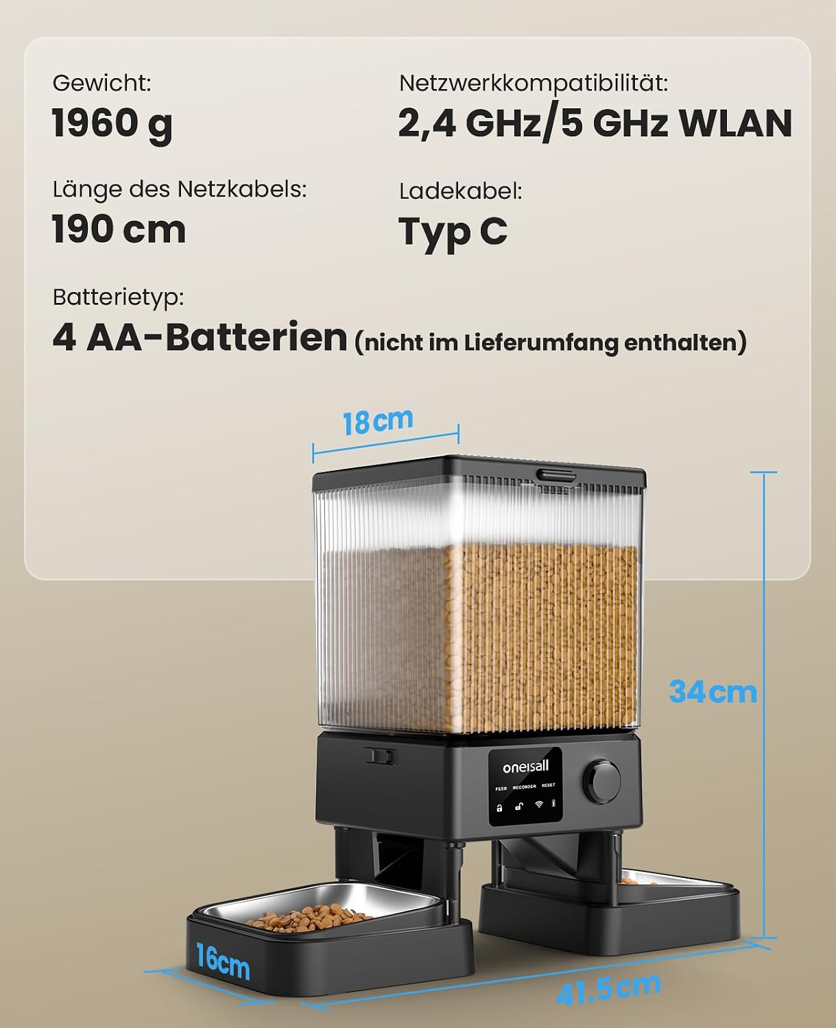 oneisall Futterautomat Katze mit 2 Naepfen WiFi App Steuerung Voice Recorder