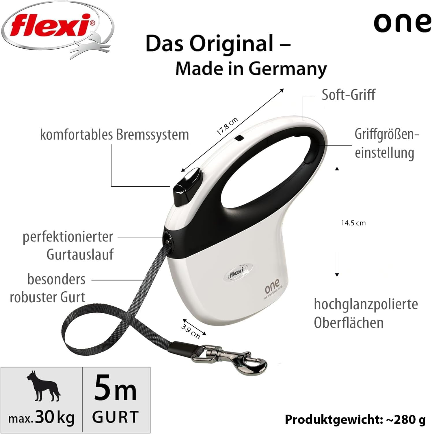 flexi One Gurt-Rollleine 5 m fuer Hunde bis 30 kg weiss-schwarz, 282 g