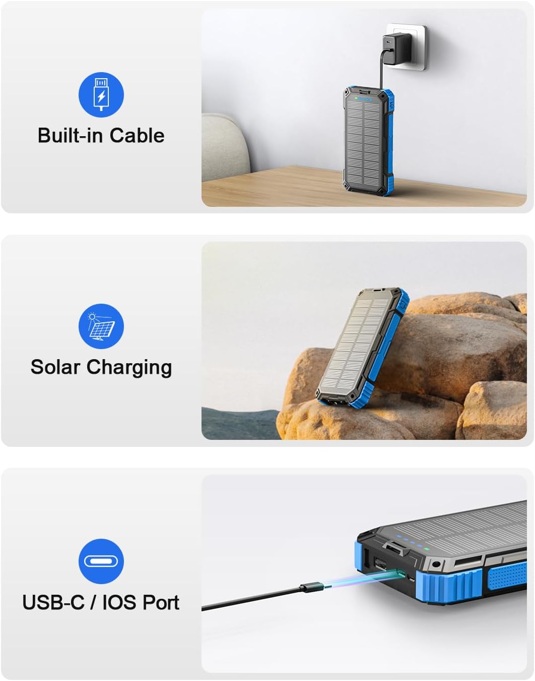 Solar Powerbank 26800 mAh mit integrierten 4 Kabeln USB‑C Schnellladung Qi Wirel