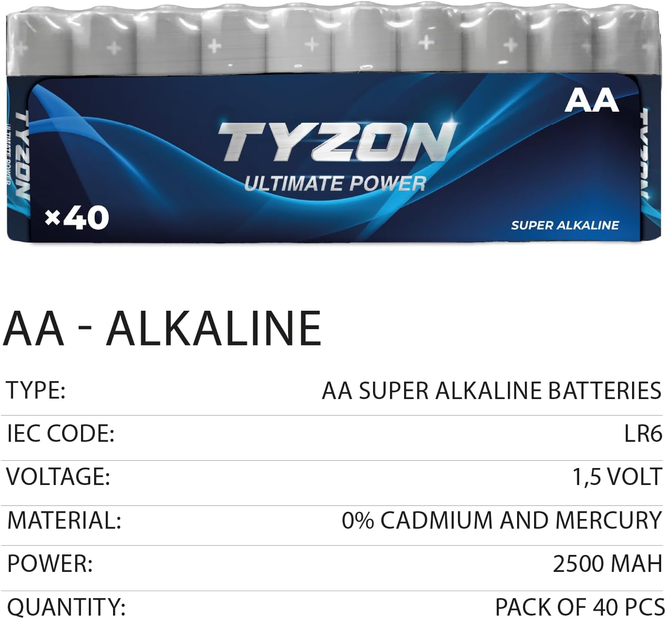 Tyzon AAA Batterien 40 Stueck Langzeitausfuehrung hochleistungsfaehig