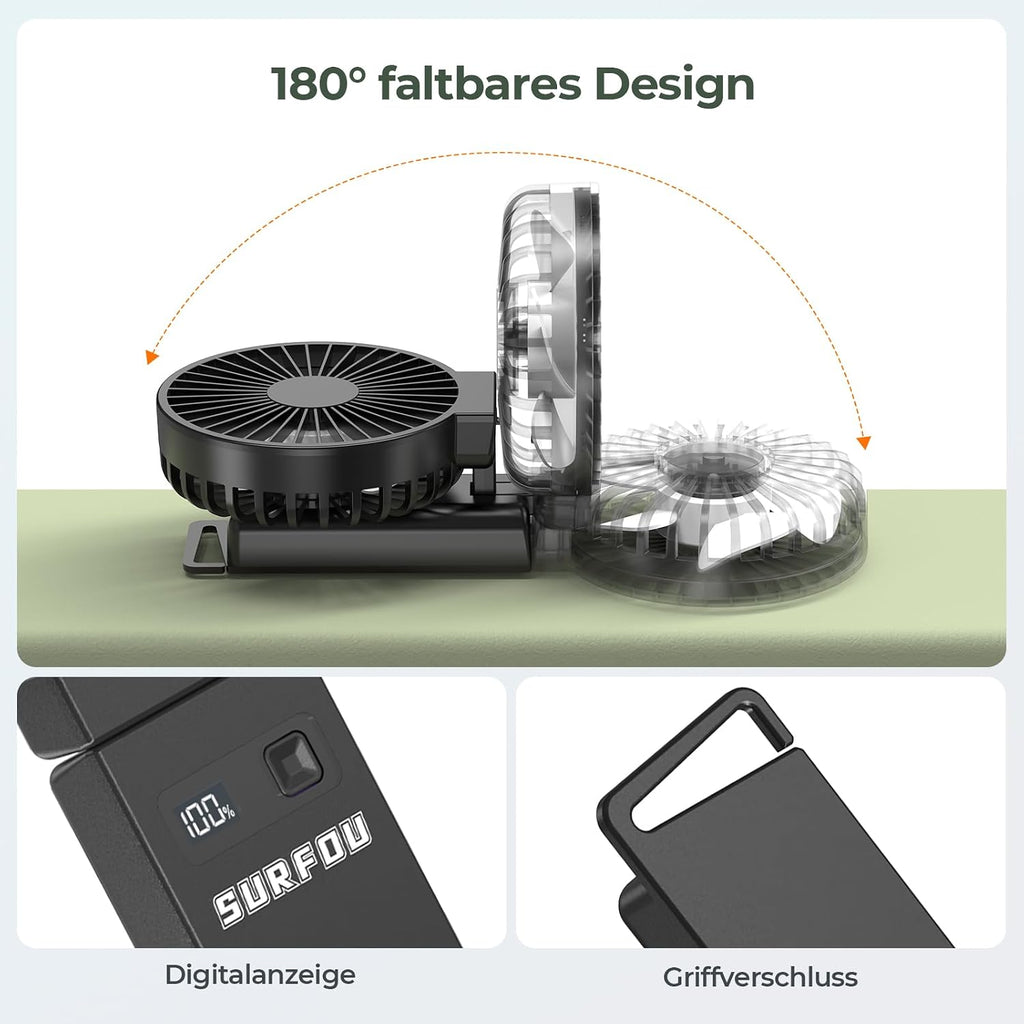 SURFOU Handventilator 4000mAh Akku USB-C wiederaufladbar 4 Geschwindigkeiten lei