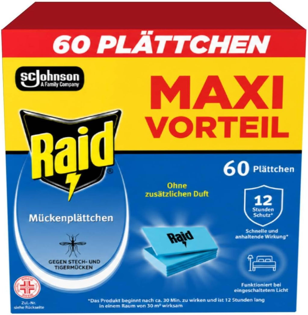 Raid Moskitostechplatten, 60 Geruchlose Plaettchen fuer Gewoehnliche Muecken und Tig